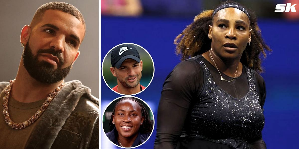 Drake (L), Serena Williams, Grigor Dimitrov (top inset), and Coco Gauff