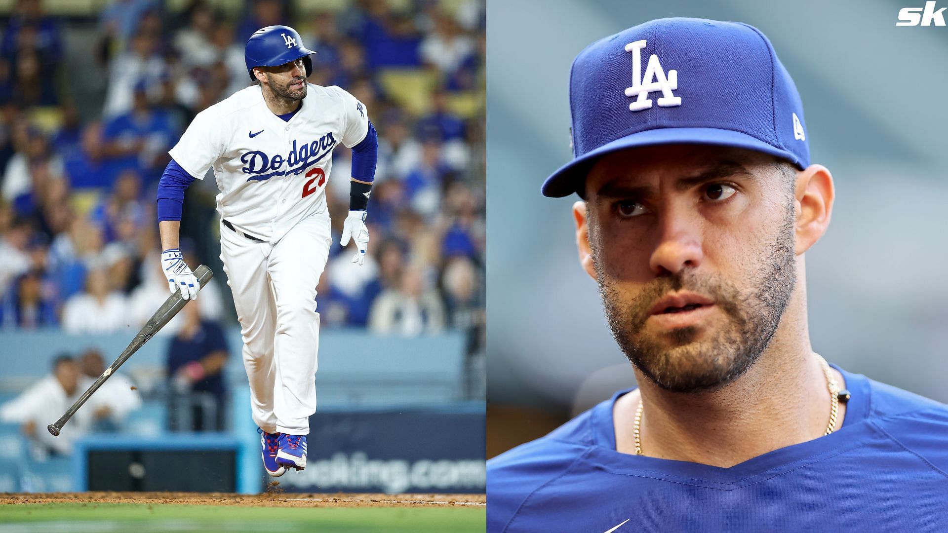 J.D. Martinez of the Los Angeles Dodgers looks on before Game Three of the Division Series against the Arizona Diamondbacks