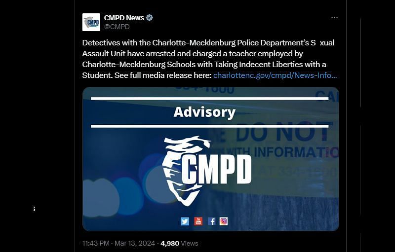 A tweet by the official X feed for the Charlotte-Mecklenburg Police Department (Image via X)