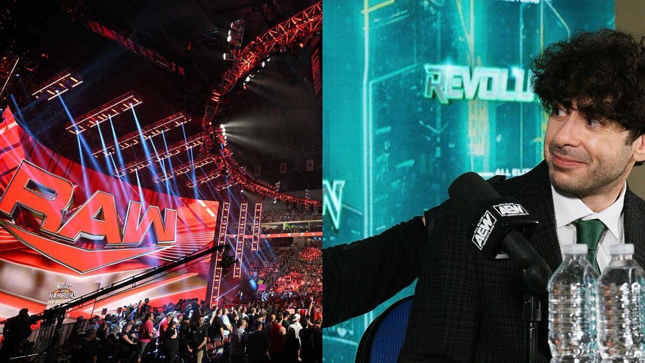 WWE RAW arena (left) and Tony Khan (right)