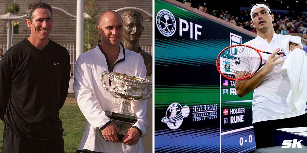 Brad Gilbert with Andre Agassi (L); Taylor Fritz (R)