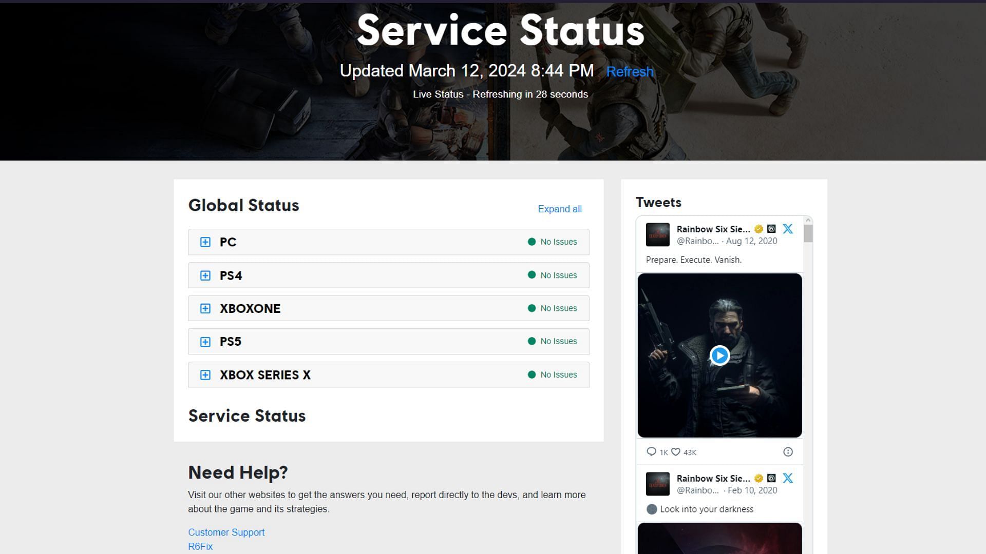 Rainbow Six server status (Image via Ubisoft)