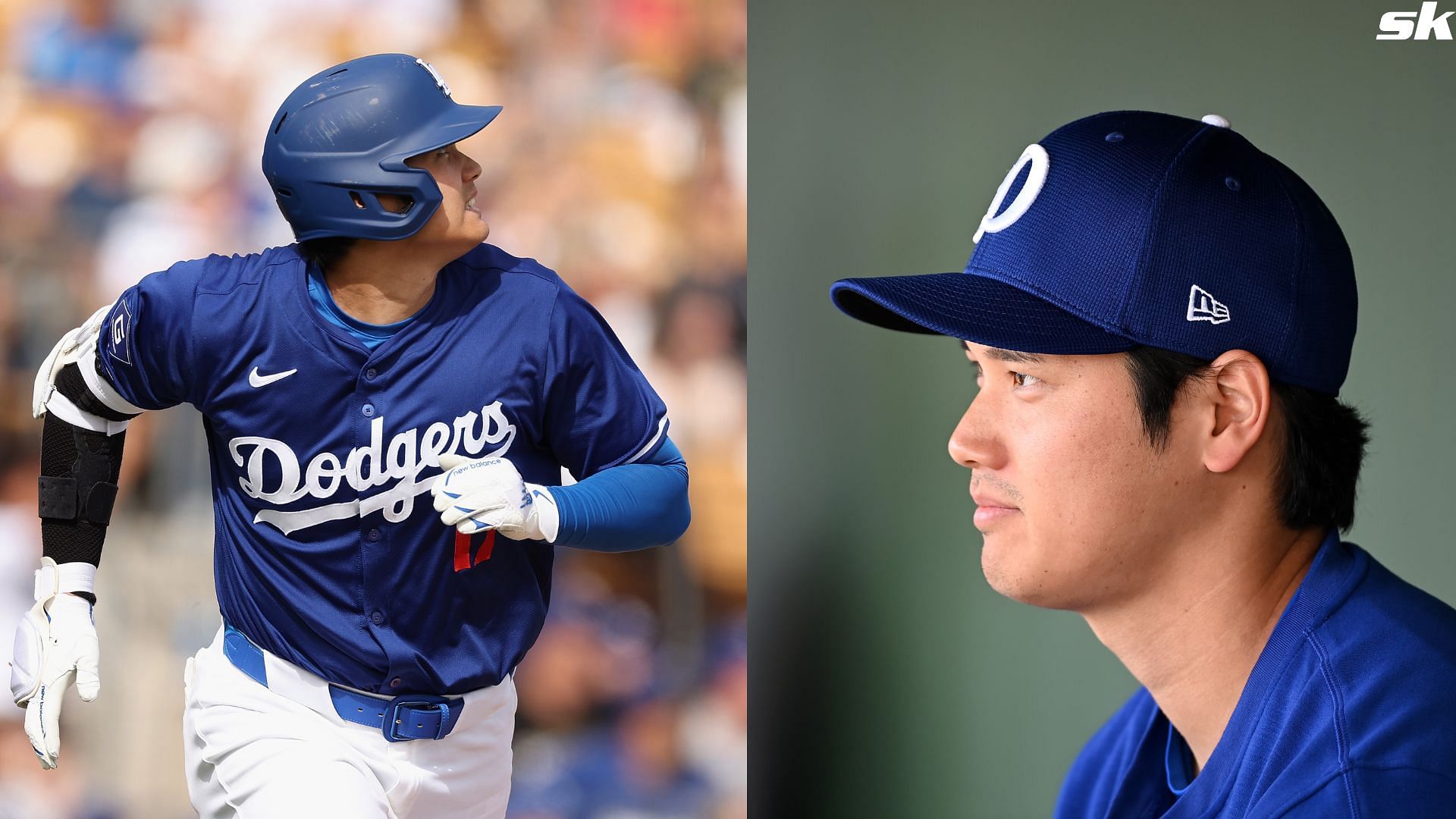 Shohei Ohtani of the Los Angeles Dodgers watches his two-run home run during a game against the Chicago White Sox at Camelback Ranch