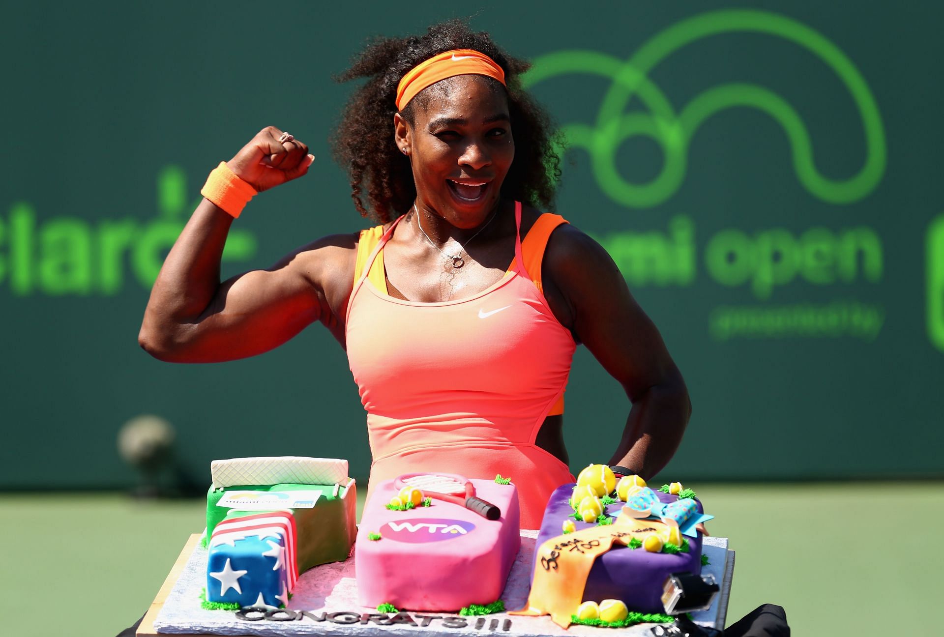 Serena Williams celebrates her 2015 Miami Open win