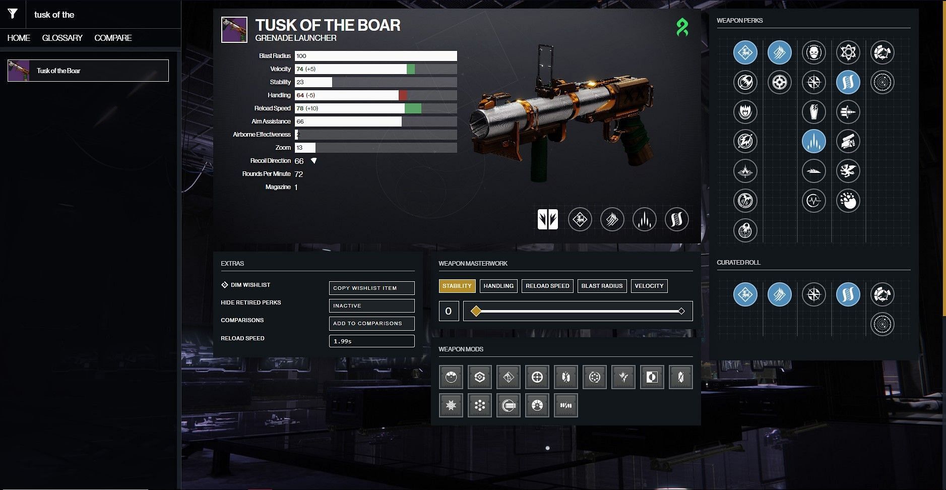 Tusk of the Boar Grenade Launcher PvE god roll (Image via D2Gunsmith)