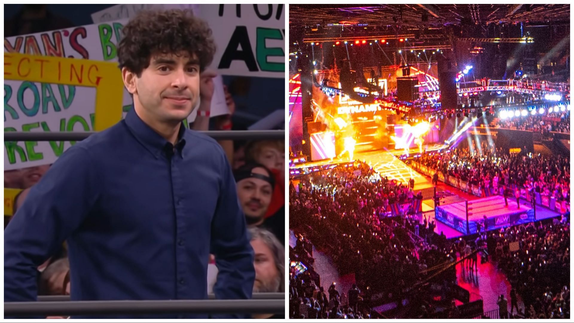 Tony Khan appears in the ring on AEW Dynamite, packed crowd watches a live AEW show