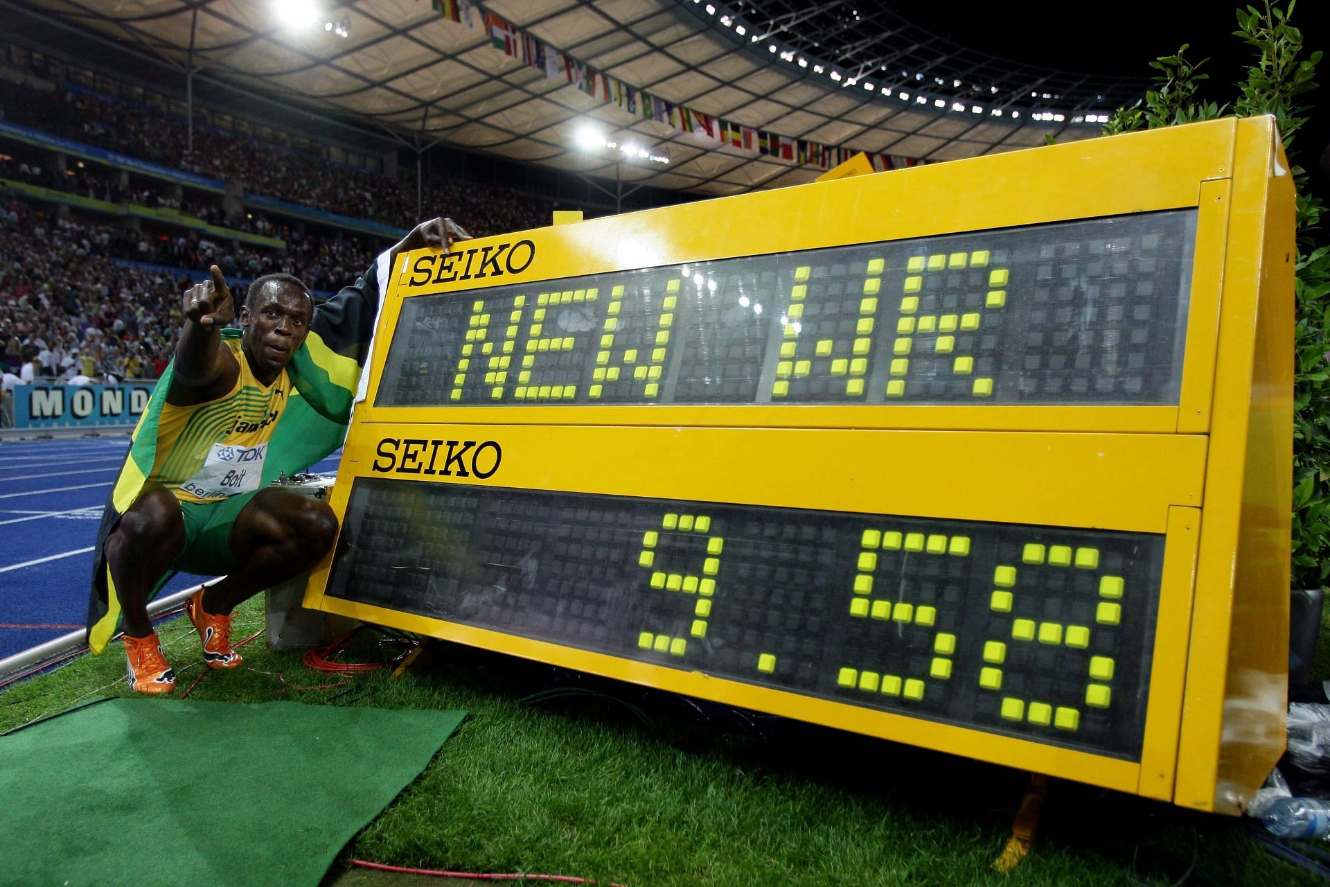 Usain Bolt celebrates winning the gold medal in the men&#039;s 100 metre final during the World Athletics Championships in Berlin, Germany.