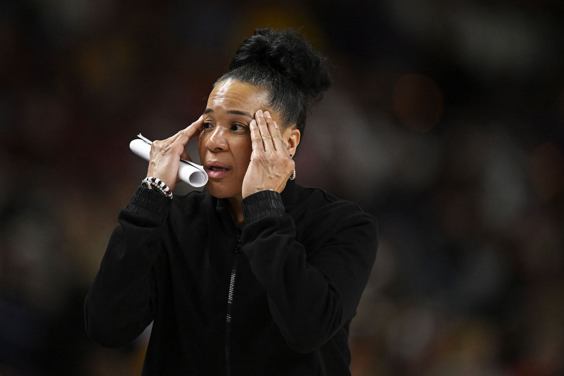 Head coach Dawn Staley of the South Carolina Gamecocks reacts against the Texas A&amp;M Aggies.