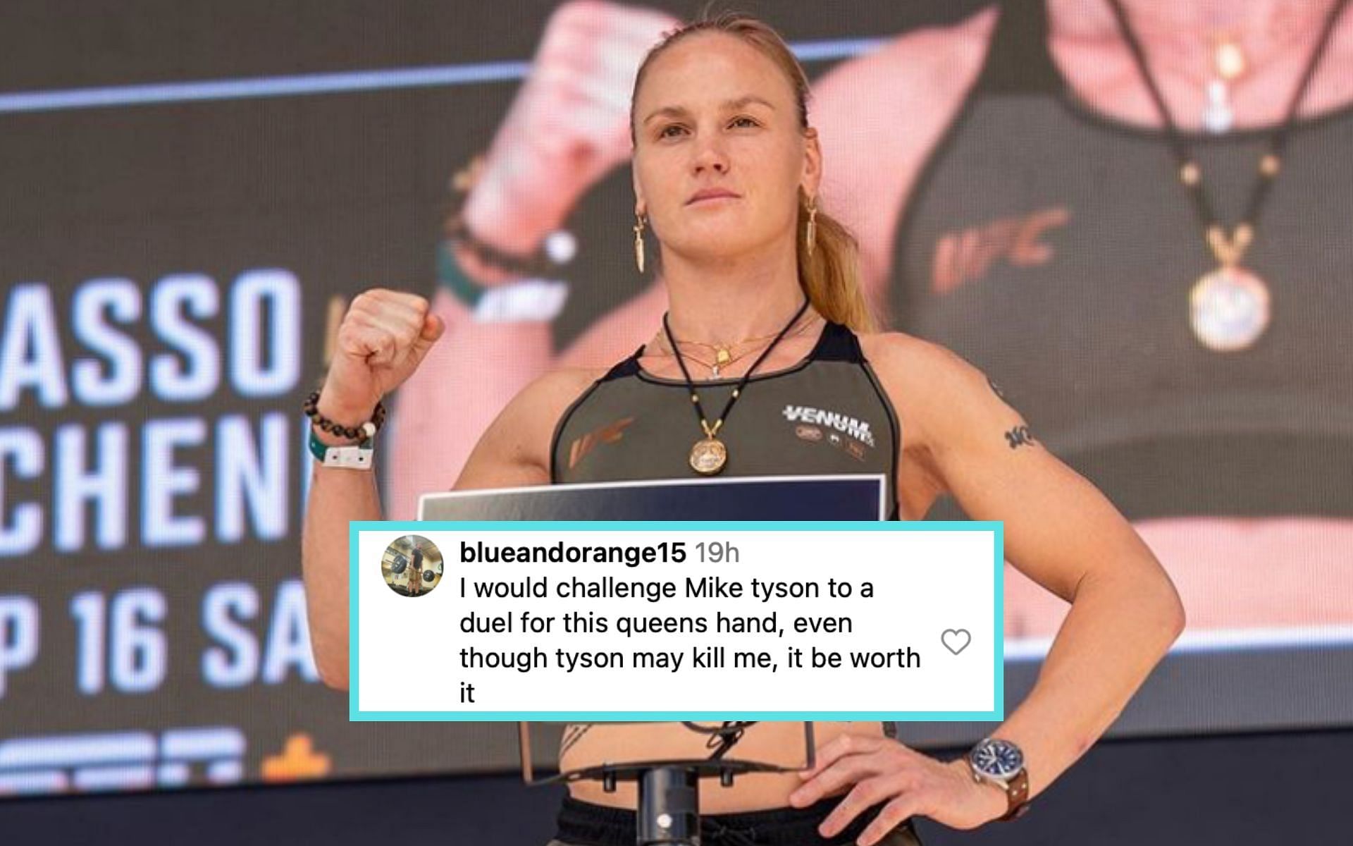 Valentina Shevchenko weighing in ahead of her title fight at Noche UFC in 2023 [Photo Courtesy @bulletvalentina on Instagram]