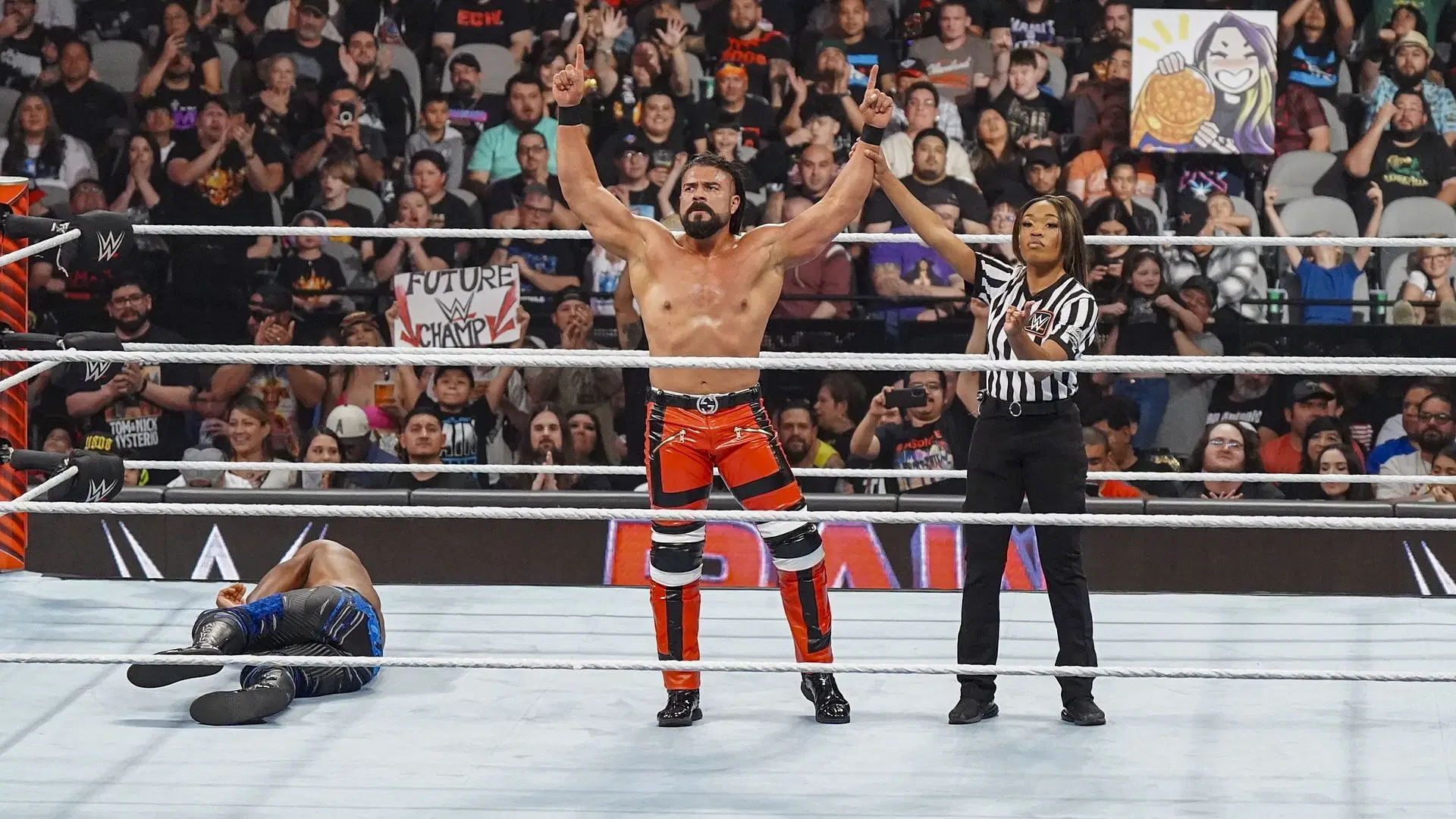 Andrade celebrates after defeating Apollo Crews on WWE RAW