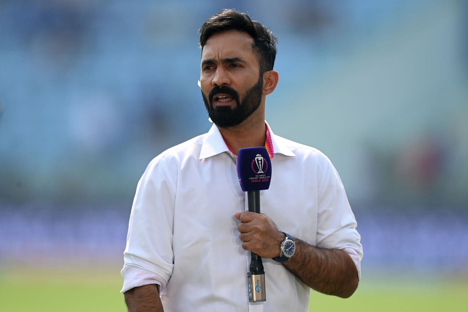 Former Indian cricketer and commentator Dinesh Karthik during the ICC Men&#039;s Cricket World Cup India 2023 between India and England at BRSABVE Cricket Stadium.