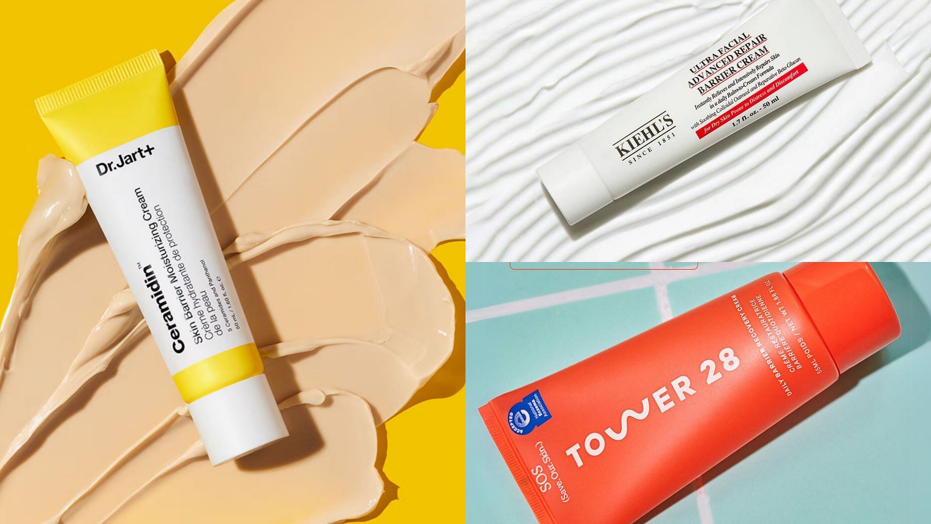 Best skin barrier repair skincare products (Image via Tower 28 Beauty, Kiehl&rsquo;s, Dr. Jart+)