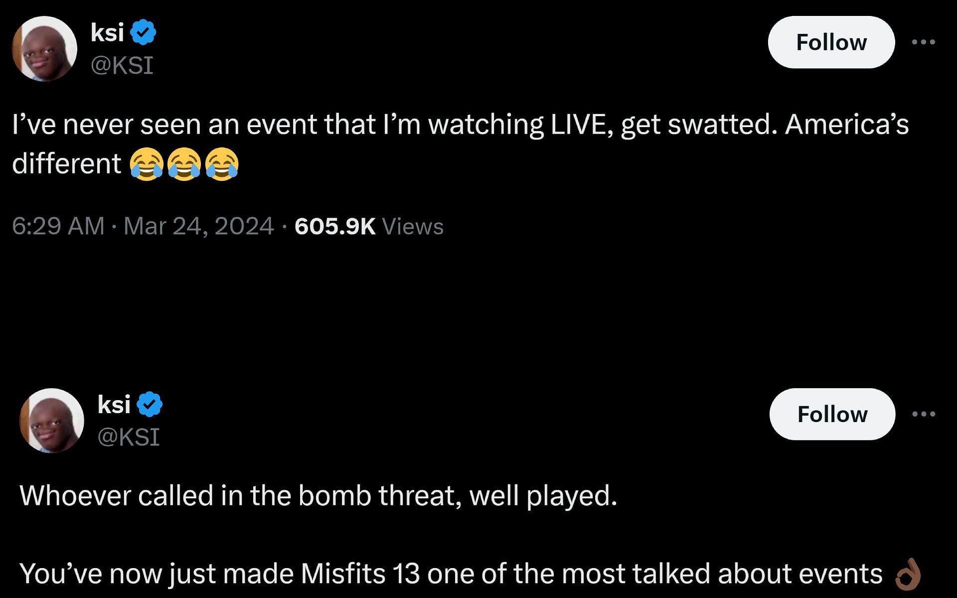 KSI's tweet on March 24, 2024, reacting to Misfits 13 getting allegedly swatted due to a bomb threat (Image via X)