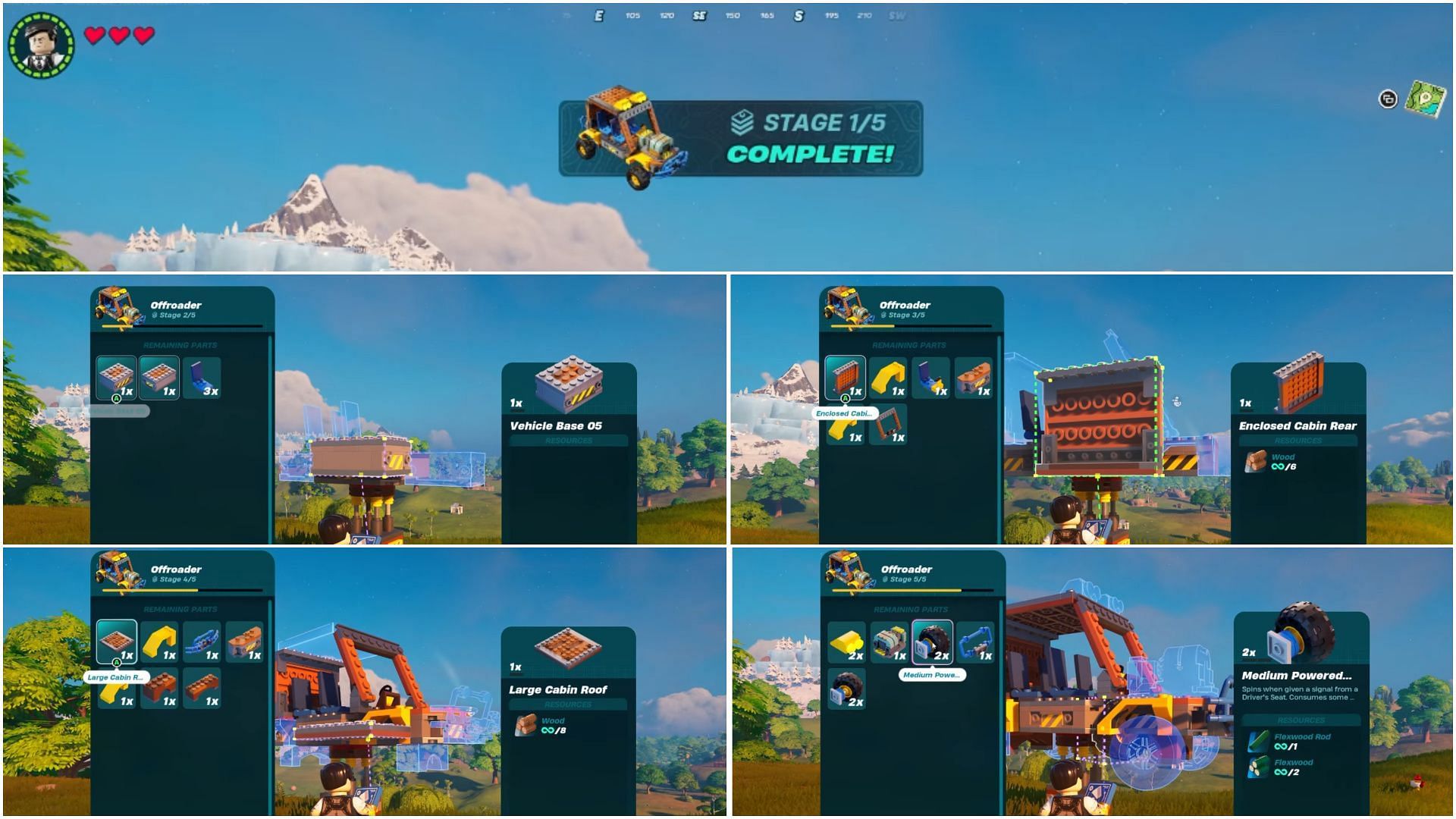 Complete all 5 stages to build an Offroader in LEGO Fortnite (Image via YouTube/ Perfect Score)