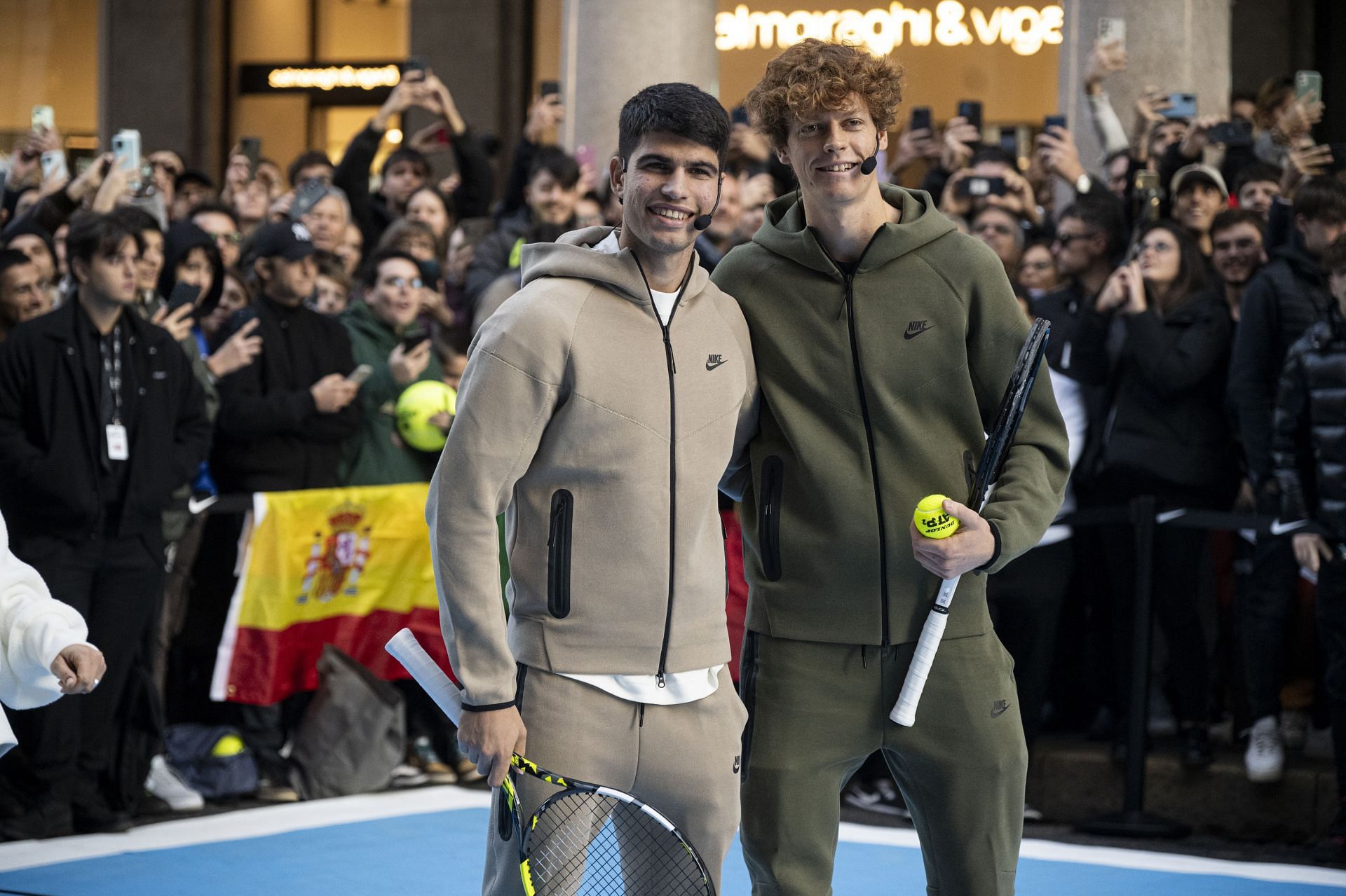 Carlos Alcaraz and Jannik Sinner during a promotional event at the Nitto ATP Finals 2023 - Getty Images