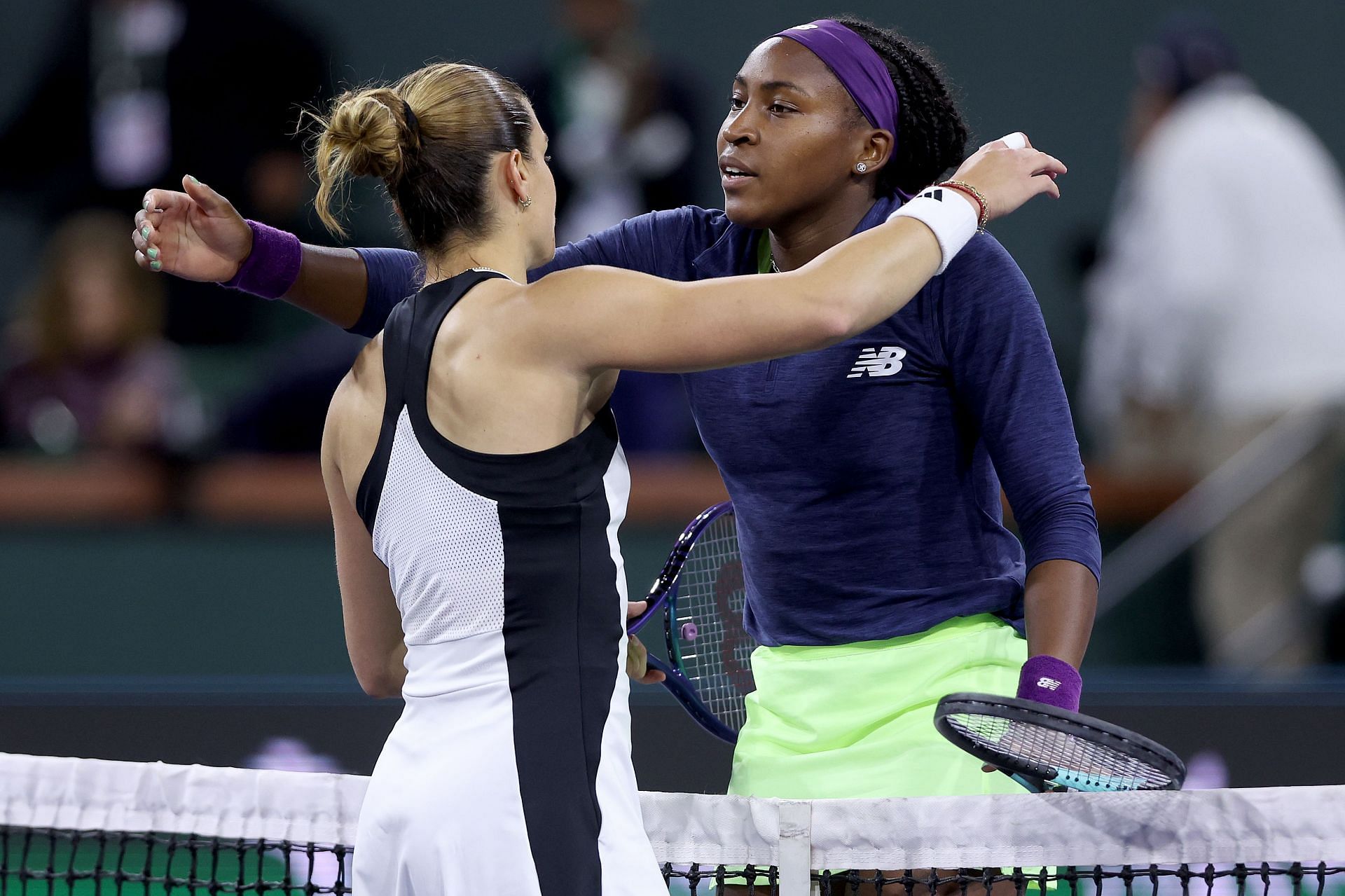 Maria Sakkari (L) and Coco Gauff pictured at the 2024 BNP Paribas Open