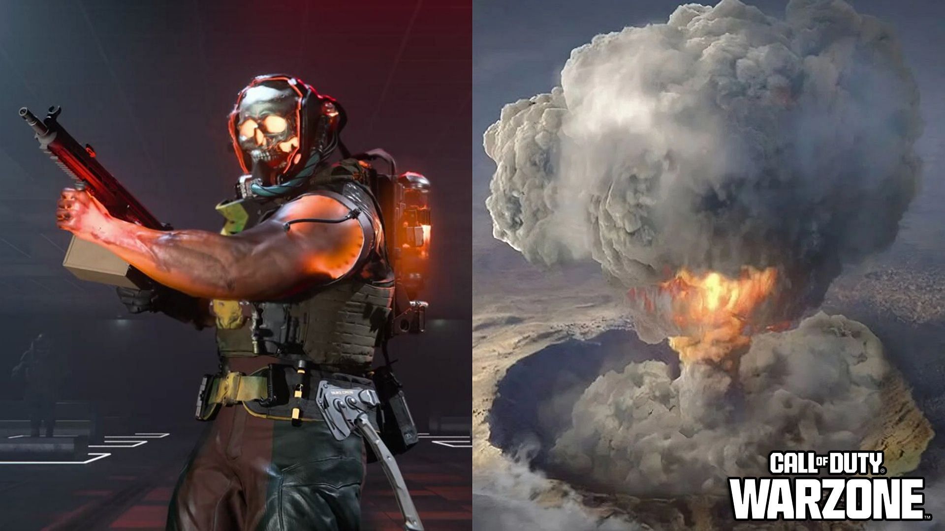 Nuke skin Meltdown 240 Operator on the left and a nuke going off in Warzone on the right