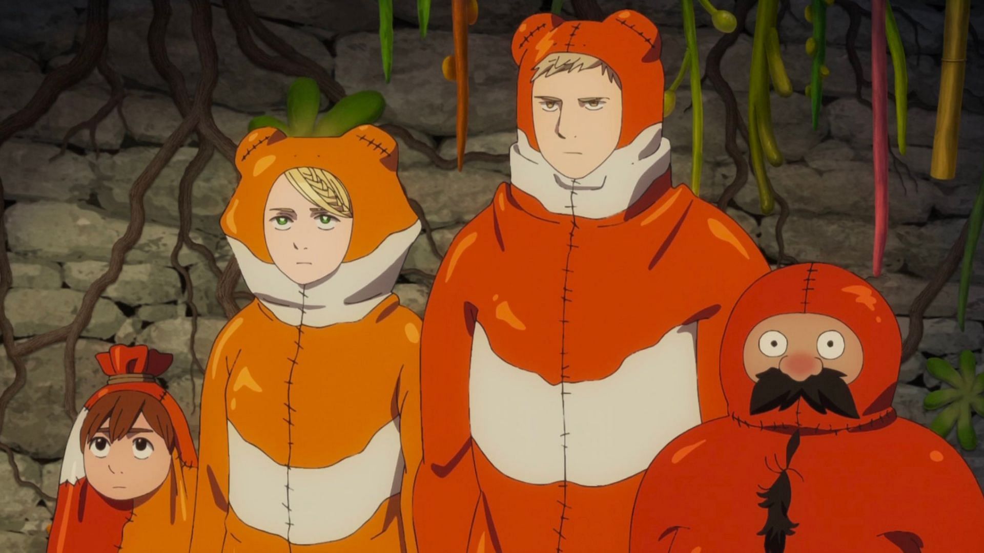 Delicious in Dungeon episode 10: Laios and his party in frog suits (Image via Studio Trigger)