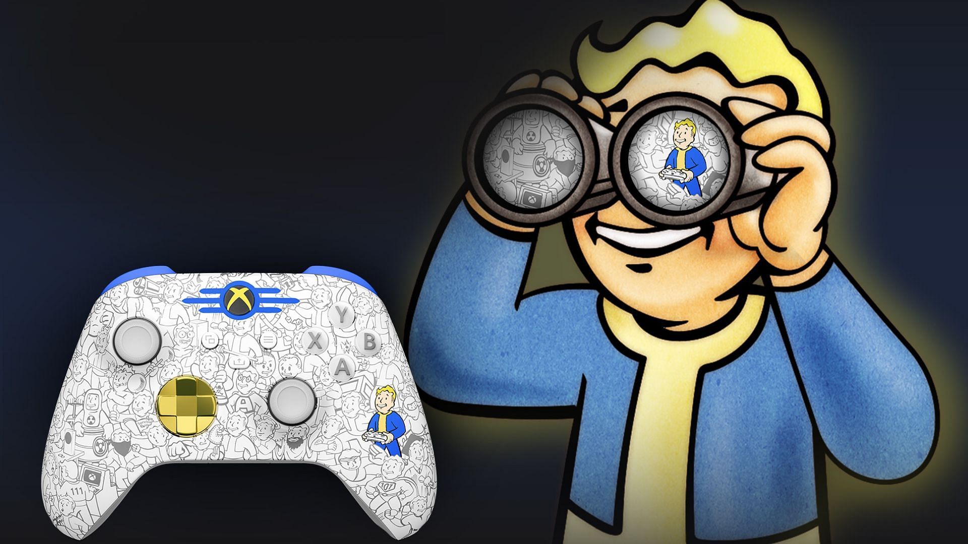 Image of the vault dweller looking at a fallout themed controller through a pair of binoculars