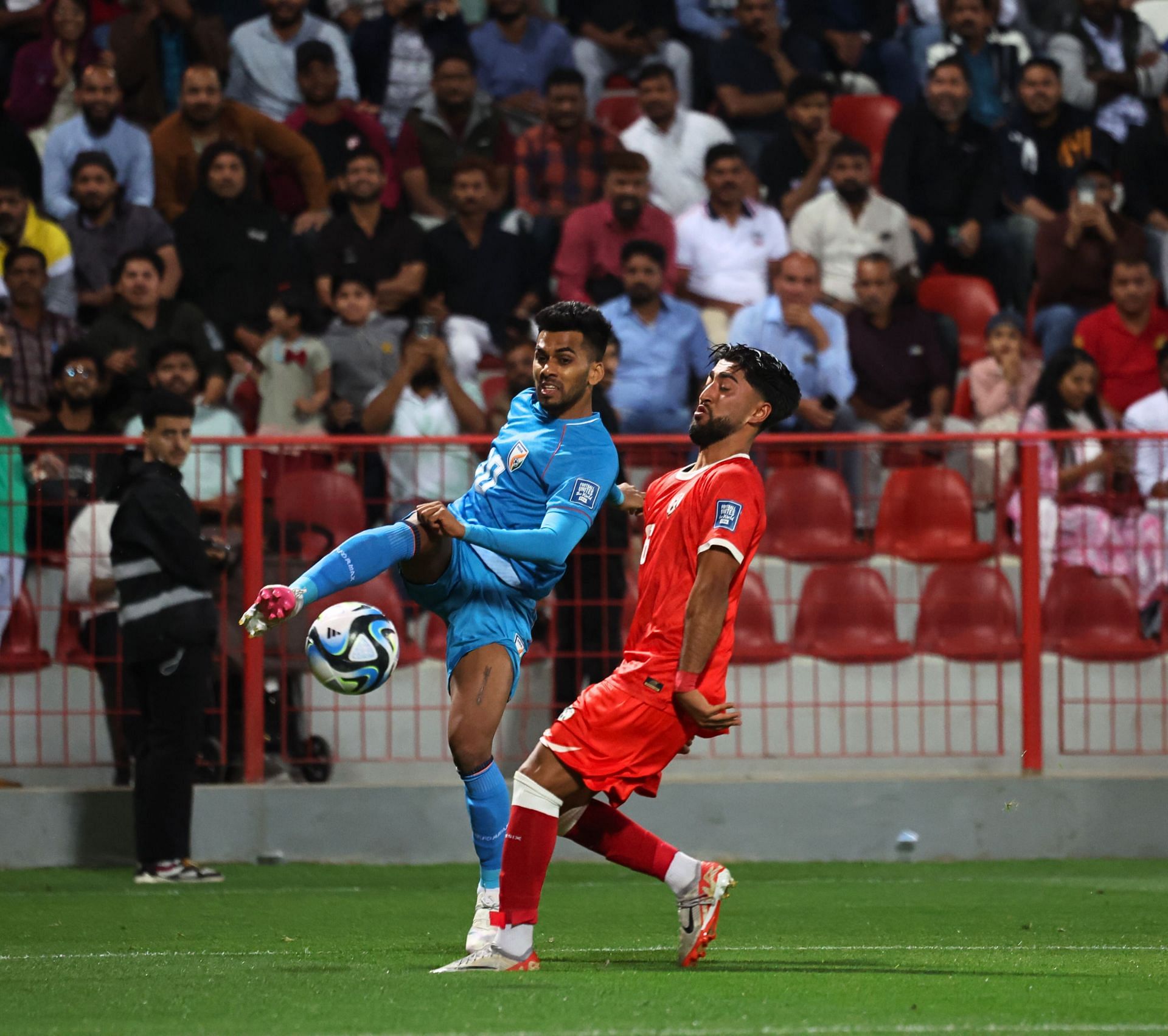 India and Afghanistan players contesting for the ball during the WCQ clash.