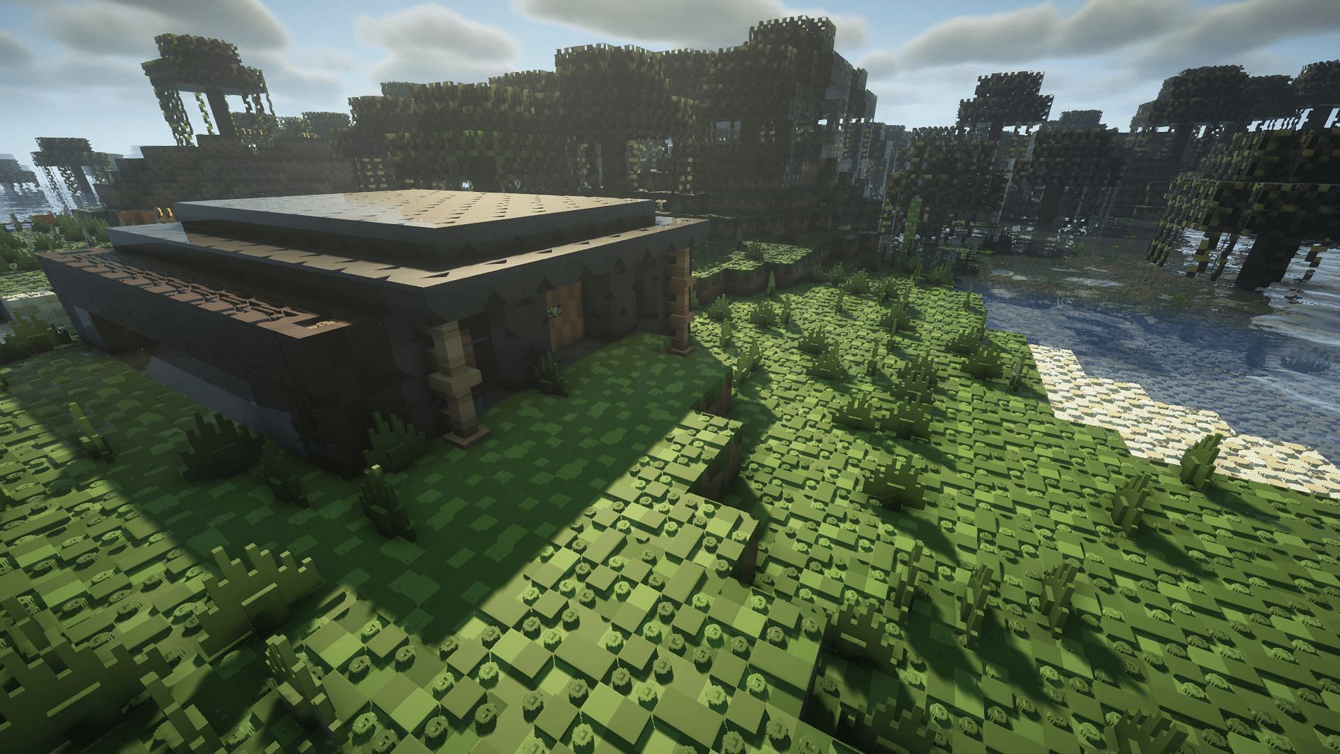 A survival base with the Brixel texture pack (Image via Mojang)