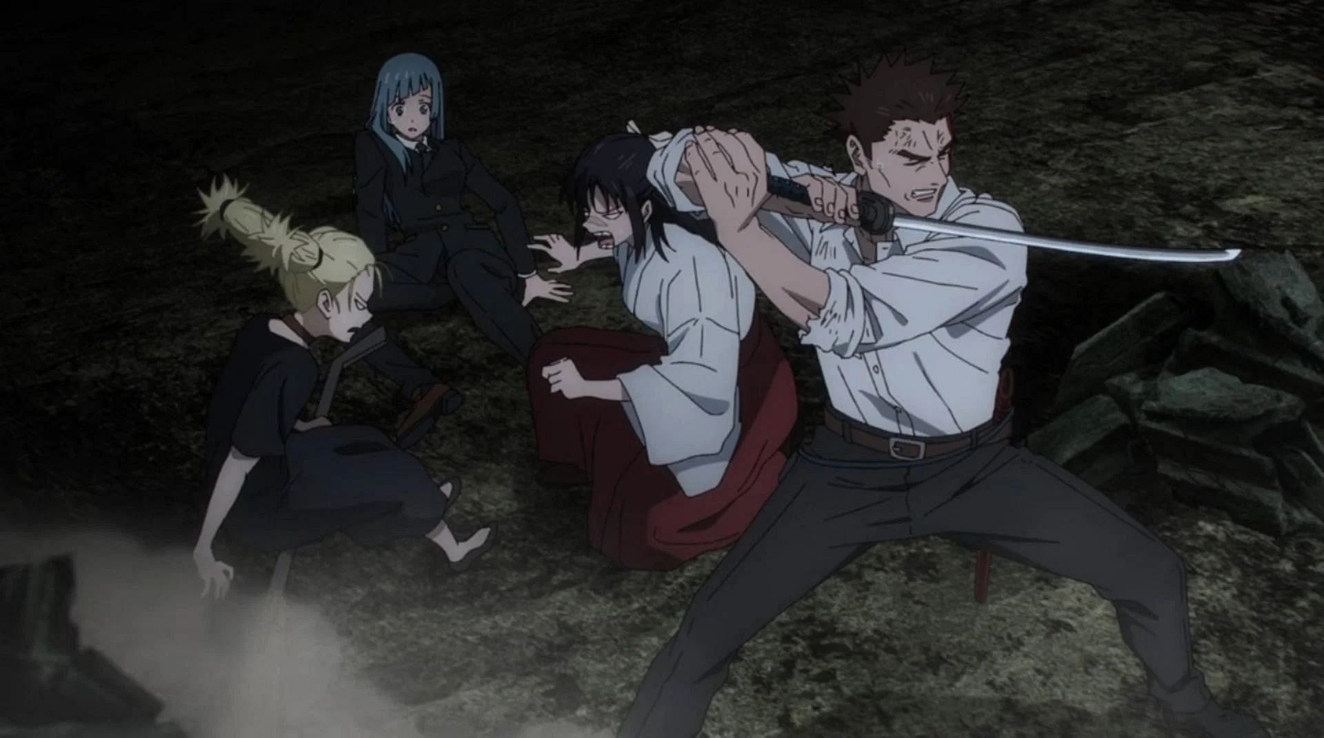 Atsuya Kusakabe defending Utahime, Miwa and Nishimiya (Image via MAPPA)