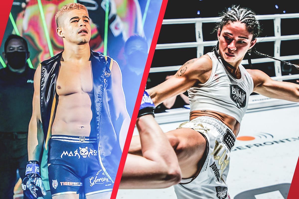 Fabricio Andrade (L) praises longtime friend and atomweight Muay Thai queen Allycia Hellen Rodrigues (R). -- Photo by ONE Championship