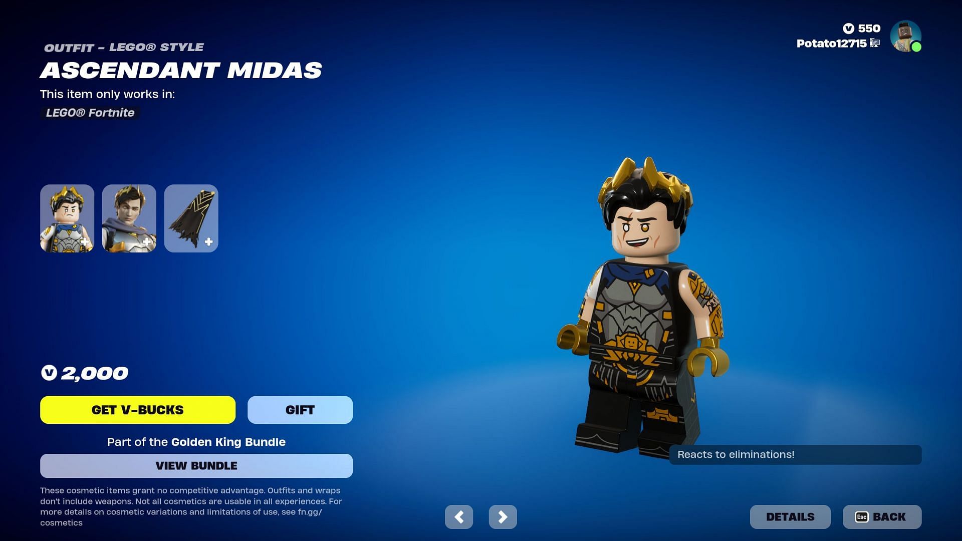 The Ascendant Midas Skin should be listed in the Item Shop until April 2, 2024 (Image via Epic Games/Fortnite)