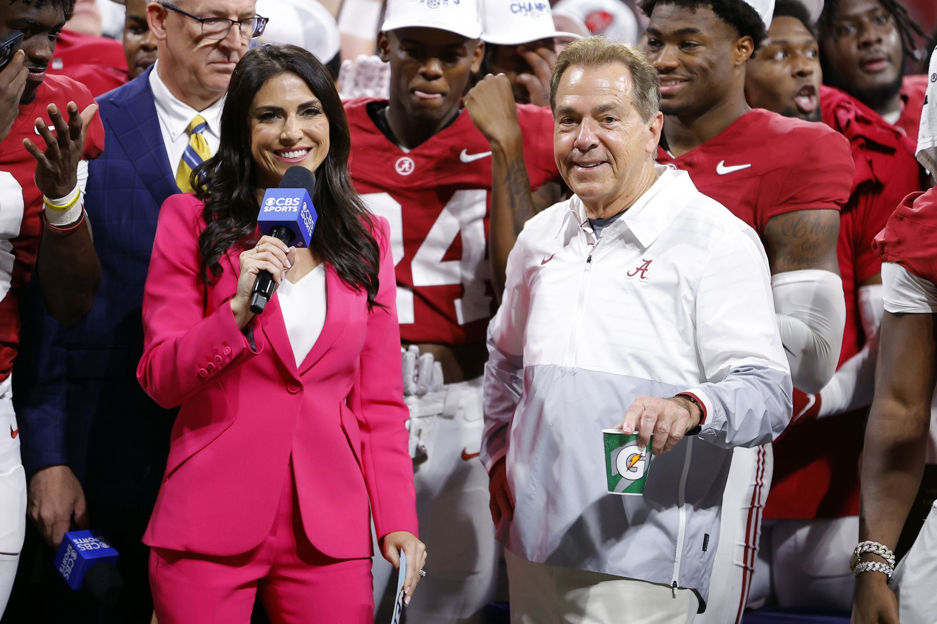 ATLANTA, GEORGIA - DECEMBER 02: Head coach Nick Saban of the Alabama Crimson Tide celebrates after defeating the Georgia Bulldogs 27-24 in the SEC Championship at Mercedes-Benz Stadium on December 02, 2023 in Atlanta, Georgia. (Photo by Todd Kirkland/Getty Images)