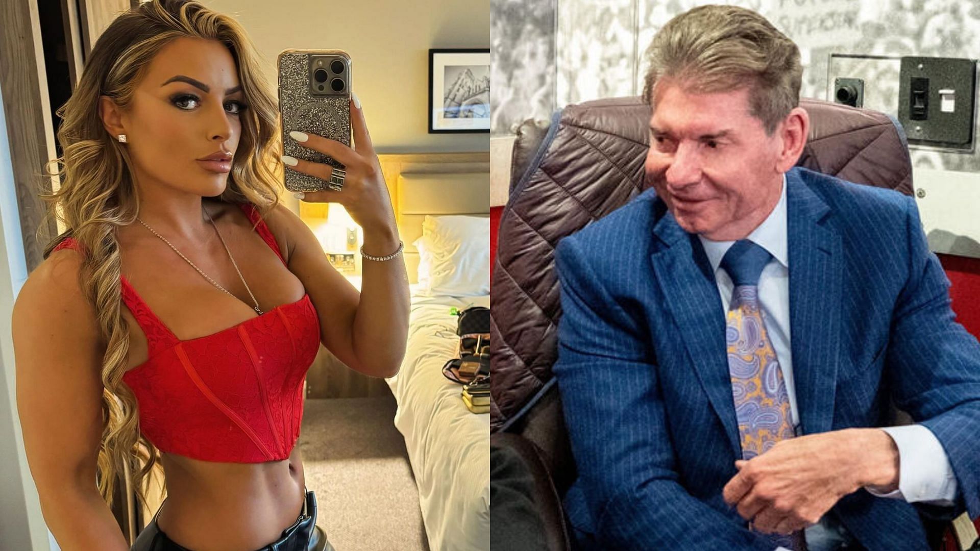 Mandy Rose (left) and former WWE Chairman Vince McMahon (right)
