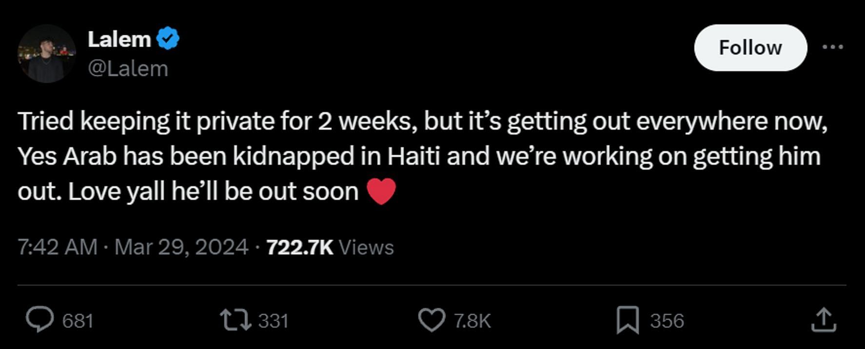 Lalem confirms that Arab had been kidnapped in Haiti. (Image via X)