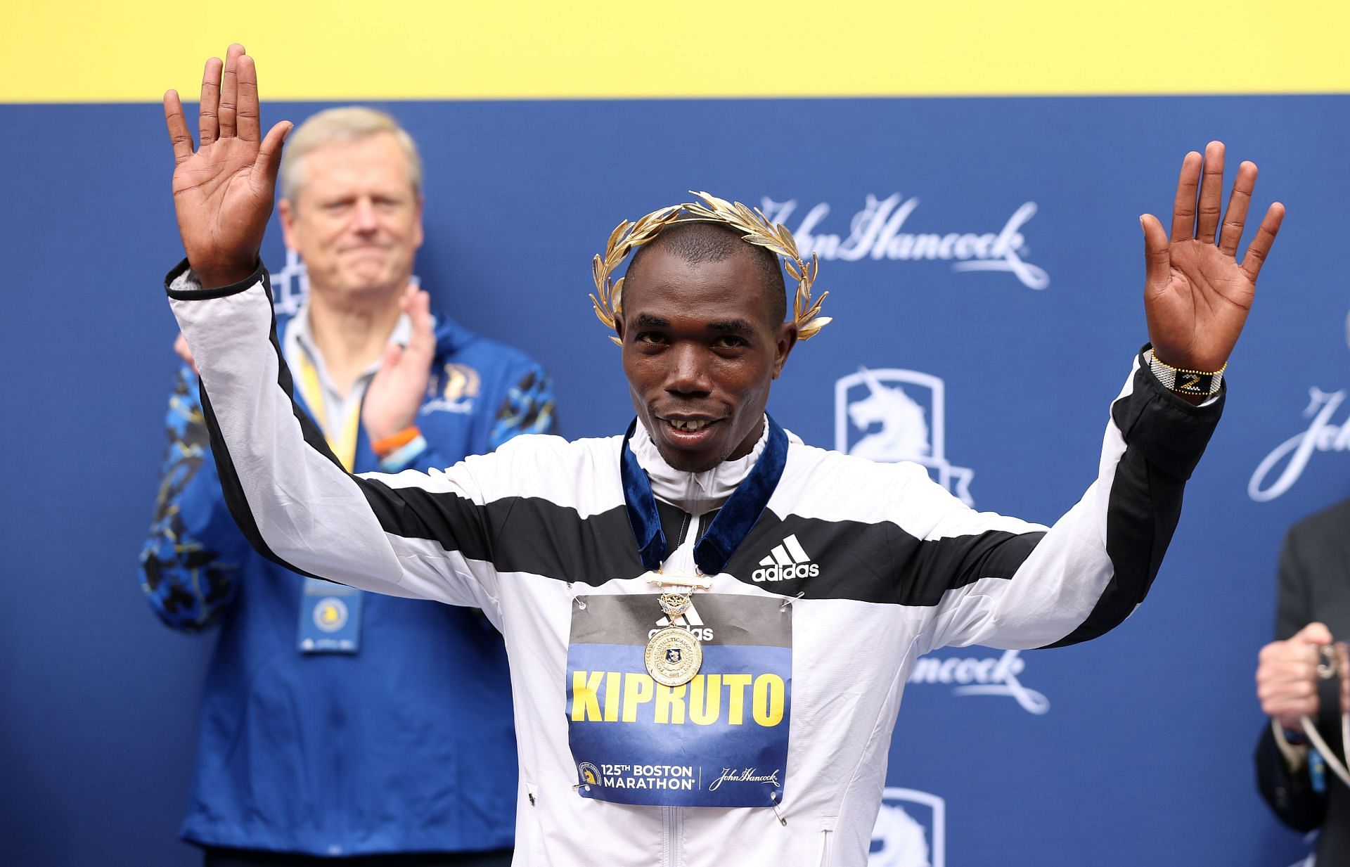 Benson Kipruto of Kenya reacts after winning the 125th Boston Marathon in Boston, Massachusetts.