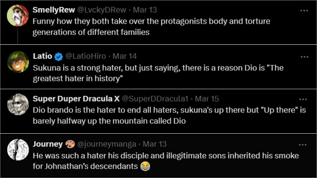 Fans compare Dio and Sukuna to see who&#039;s the bigger hater out of them (image via Sportskeeda)