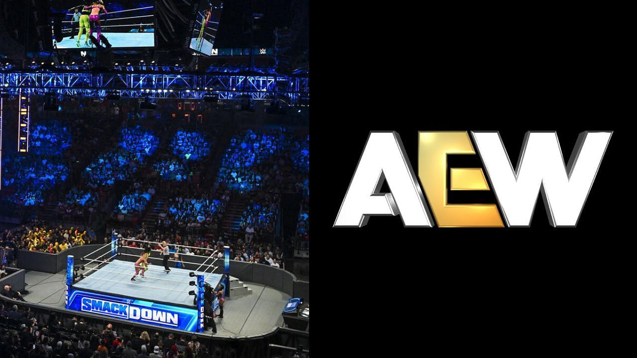 WWE SmackDown arena (left) and AEW logo (right)