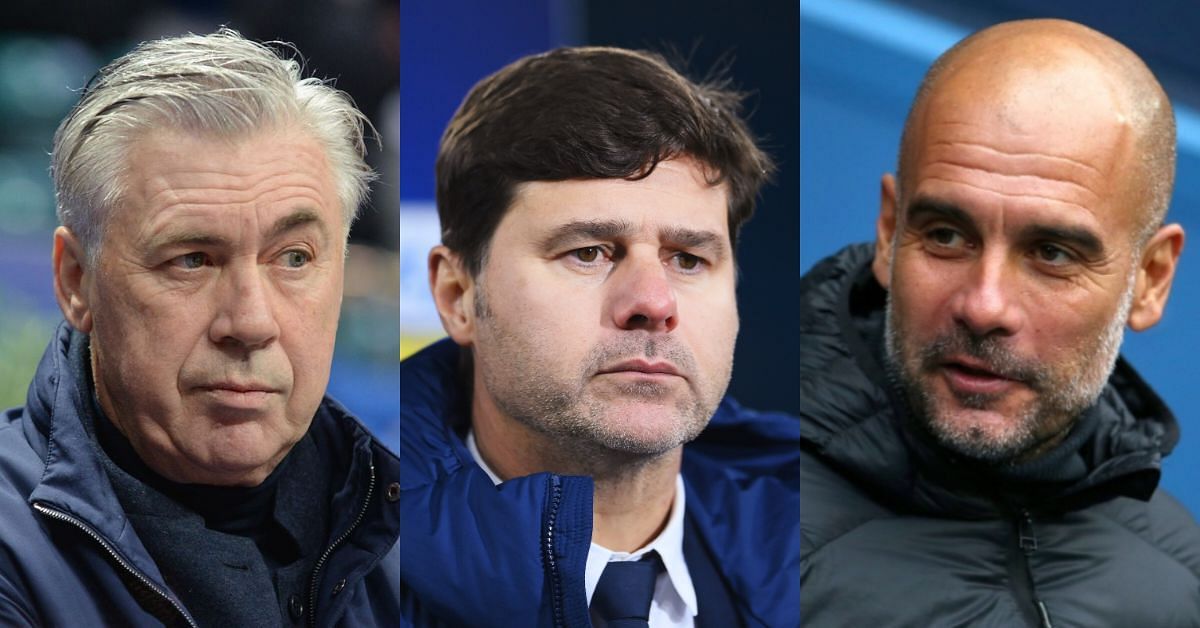 Real Madrid boss Carlo Ancelotti, Chelsea manager Mauricio Pochettino and Manchester City tactician Pep Guardiola (from left to right)