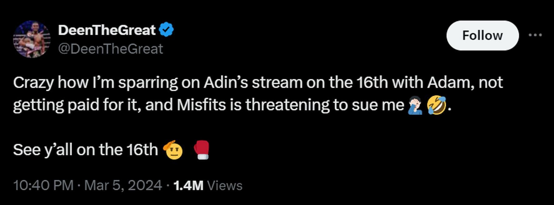 Deem claims to be under threat of being sued by Misfits (Image via X)