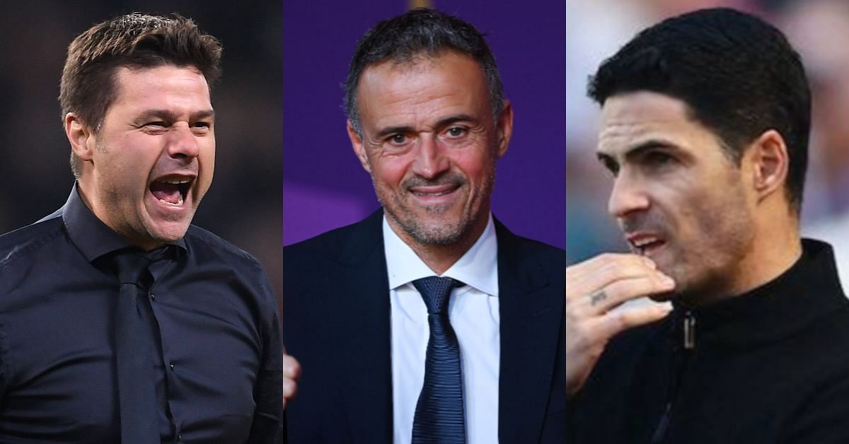 From left to right: Chelsea boss Mauricio Pochettino (left), PSG manager Luis Enrique and Arsenal tactician Mikel Arteta