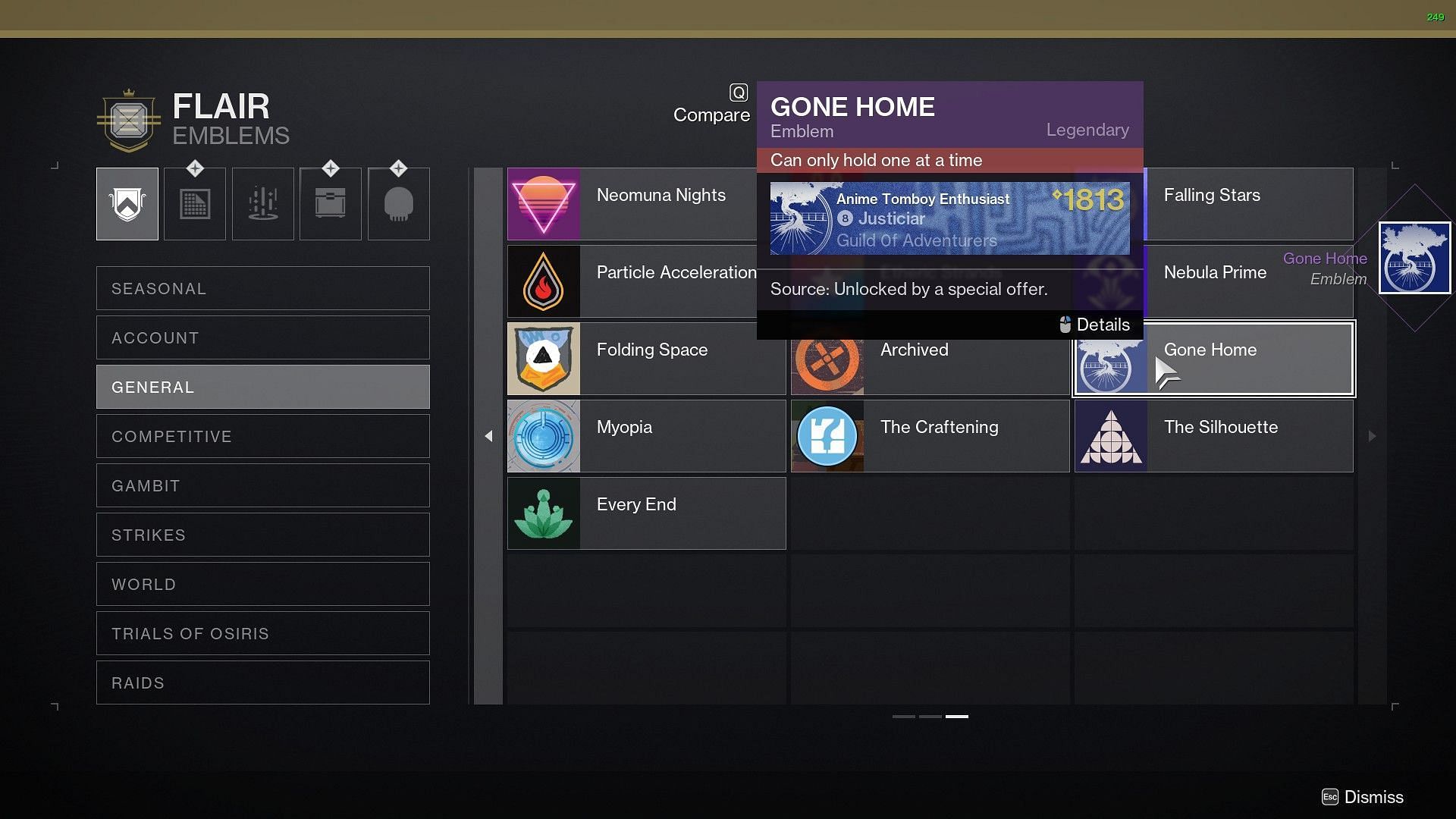 The Gone Home emblem in the General tab of Destiny 2 Flair. (Image via Bungie)