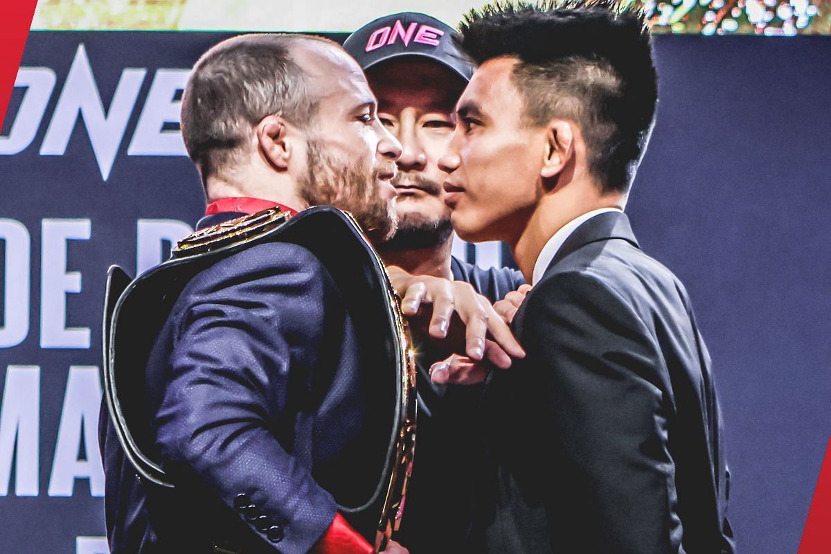 Jarred Brooks (left) and Joshua Pacio (right) get into a face-off during the ONE 166 press conference.