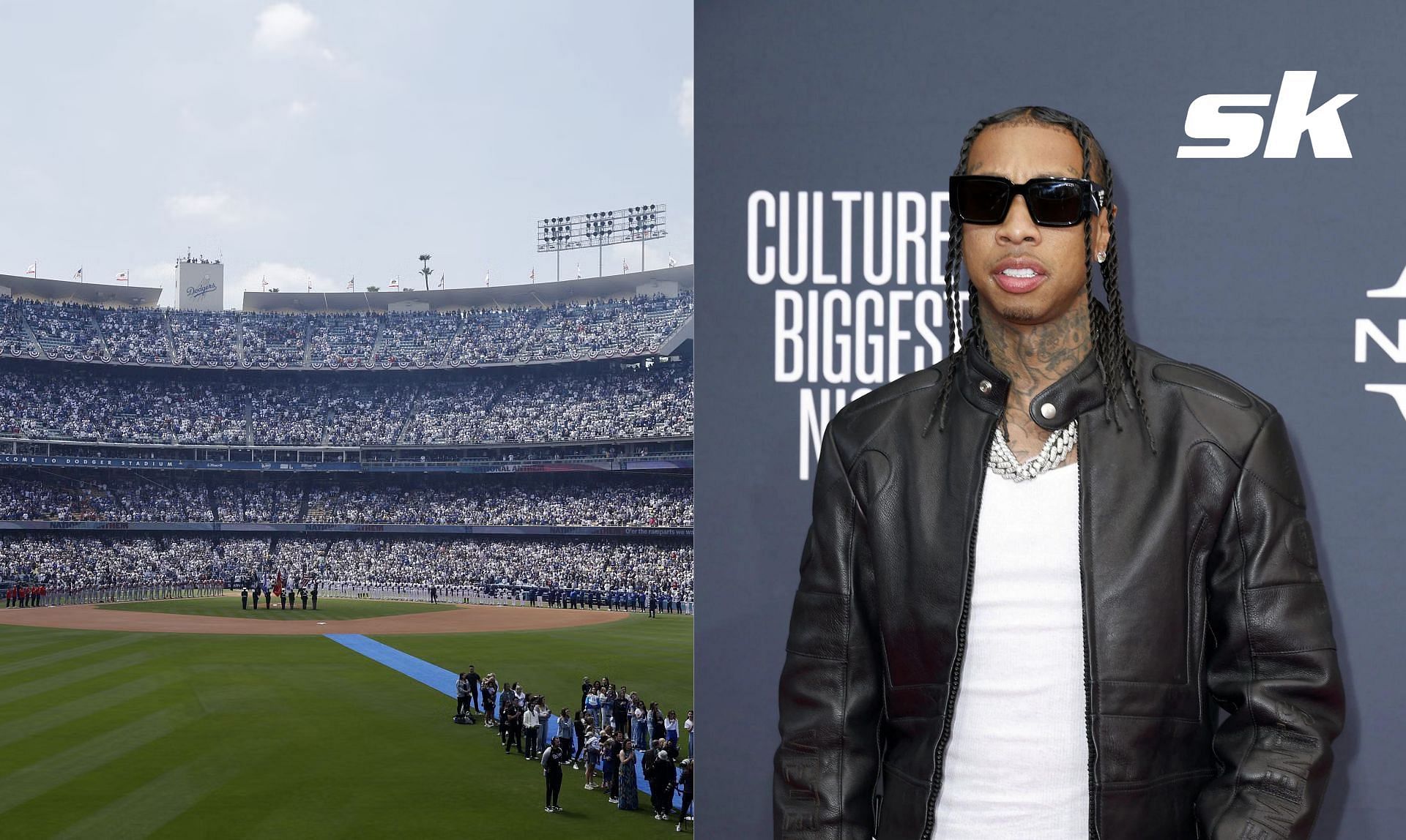 Tyga threw the first pitch in the Dodgers-Cardinals game