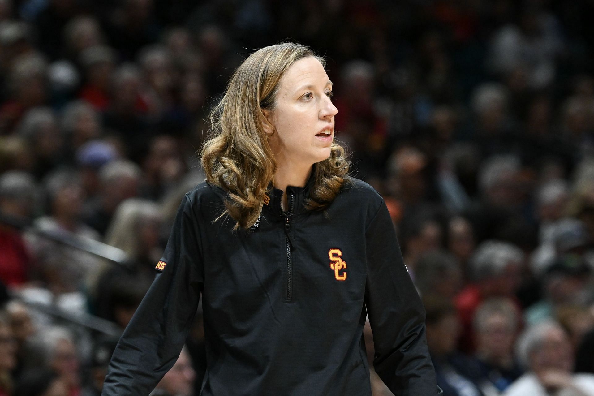 Head coach Lindsay Gottlieb of the USC Trojans looks up court during the second half of the championship game of the Pac-12 Conference women&#039;s basketball tournament.