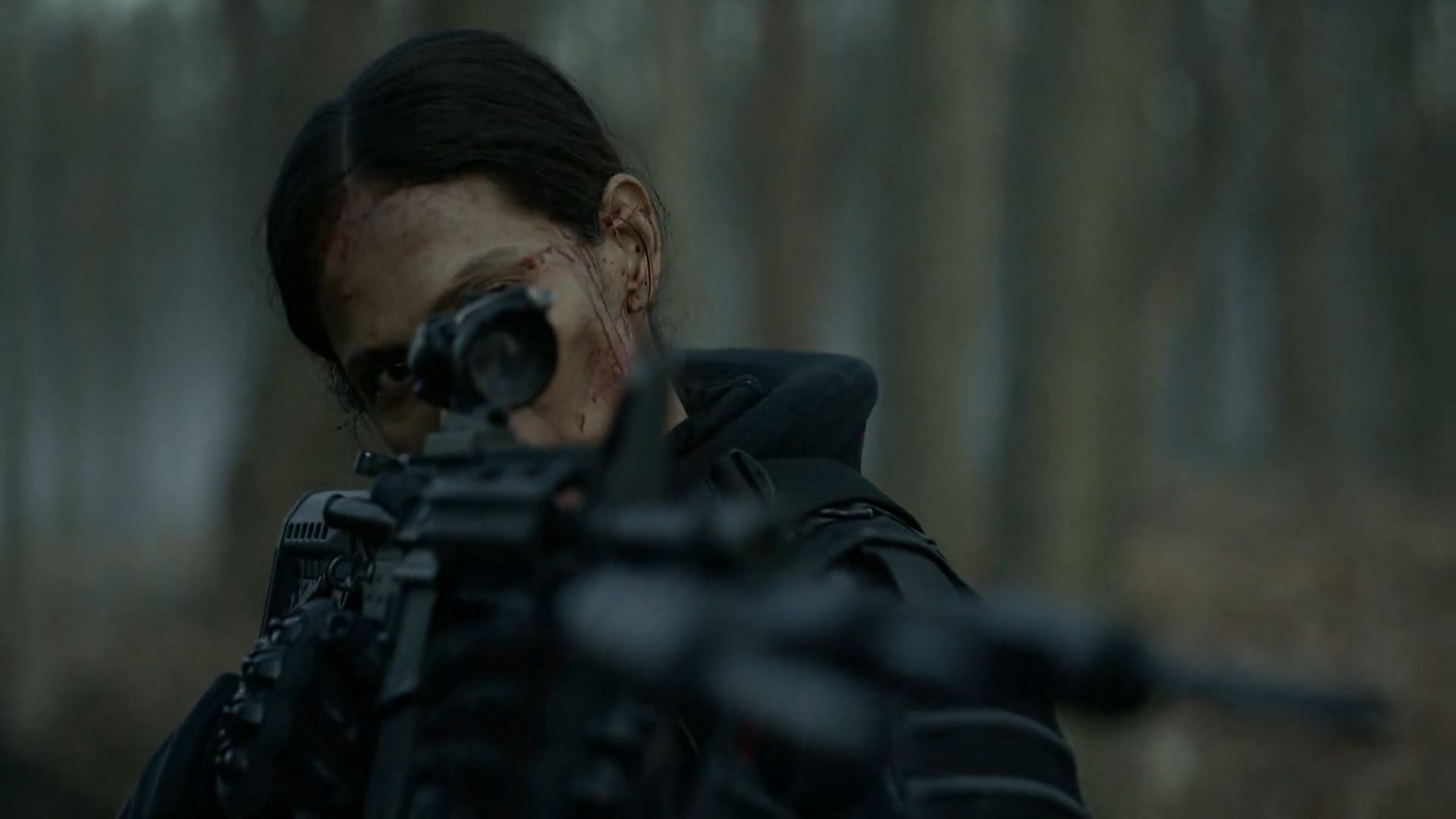 Thorne aiming at Michonne, as seen in The Walking Dead: The Ones Who Live Episode 3 (Image via AMC+)