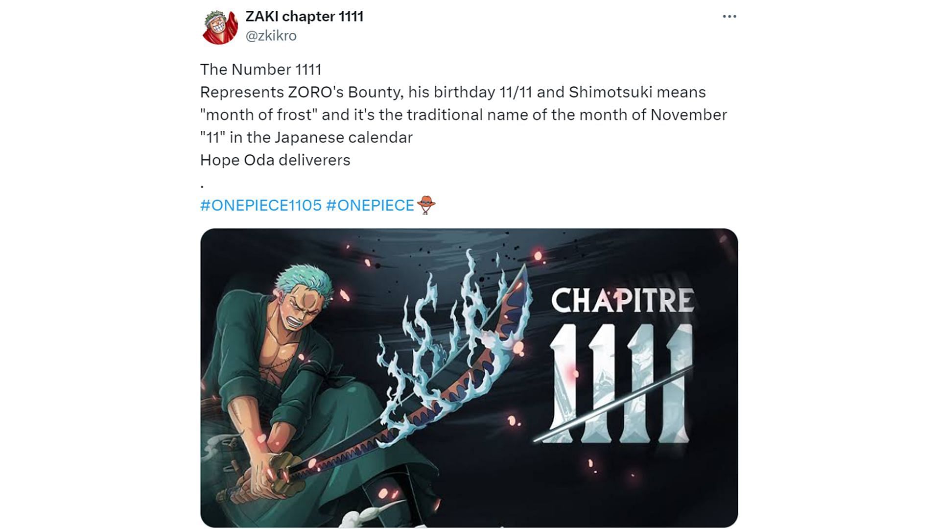 One Piece chapter 1111 should be very important for Zoro (Image via ZAKI chapter 1111/X)