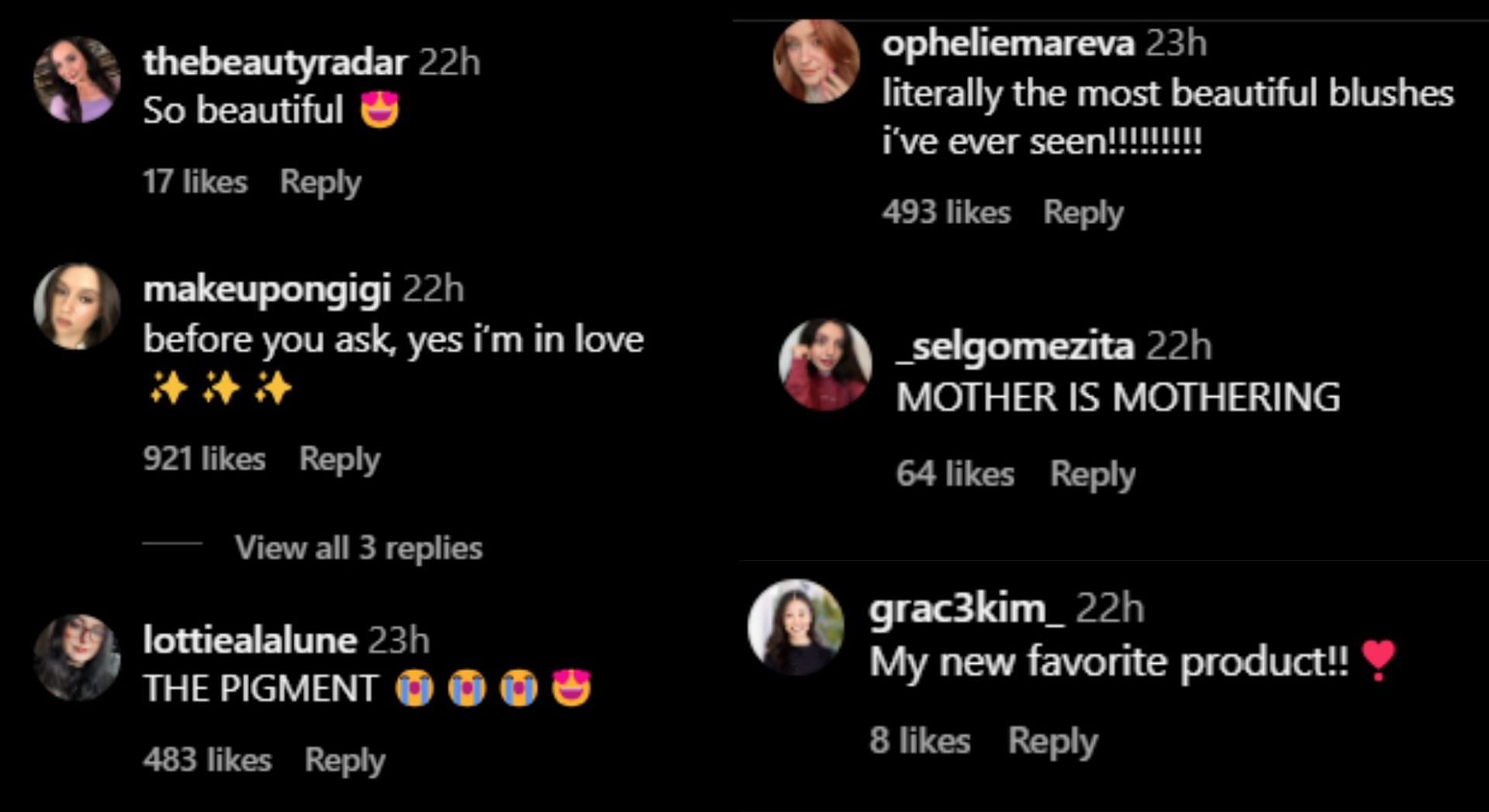 Fan reactions on Selena&#039;s post for Rare Beauty (Image via Instagram/@rarebeauty)