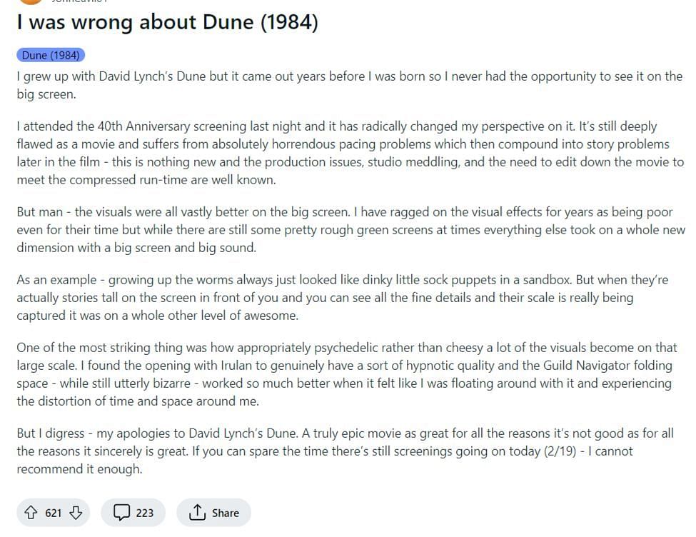Fans find new love for 1984 Dune. (Image via r/Dune, Reddit)