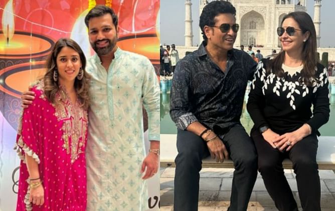 [In Pictures]: MS Dhoni, Sachin Tendulkar and Rohit Sharma pose with their better halves at Anant Ambani-Radhika Merchant pre-wedding bash