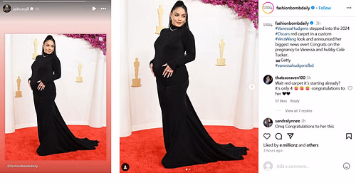 Screenshots of Jade Cargill's post to Instagram Stories, Fashion Bomb Daily post on Vanessa Hudgens