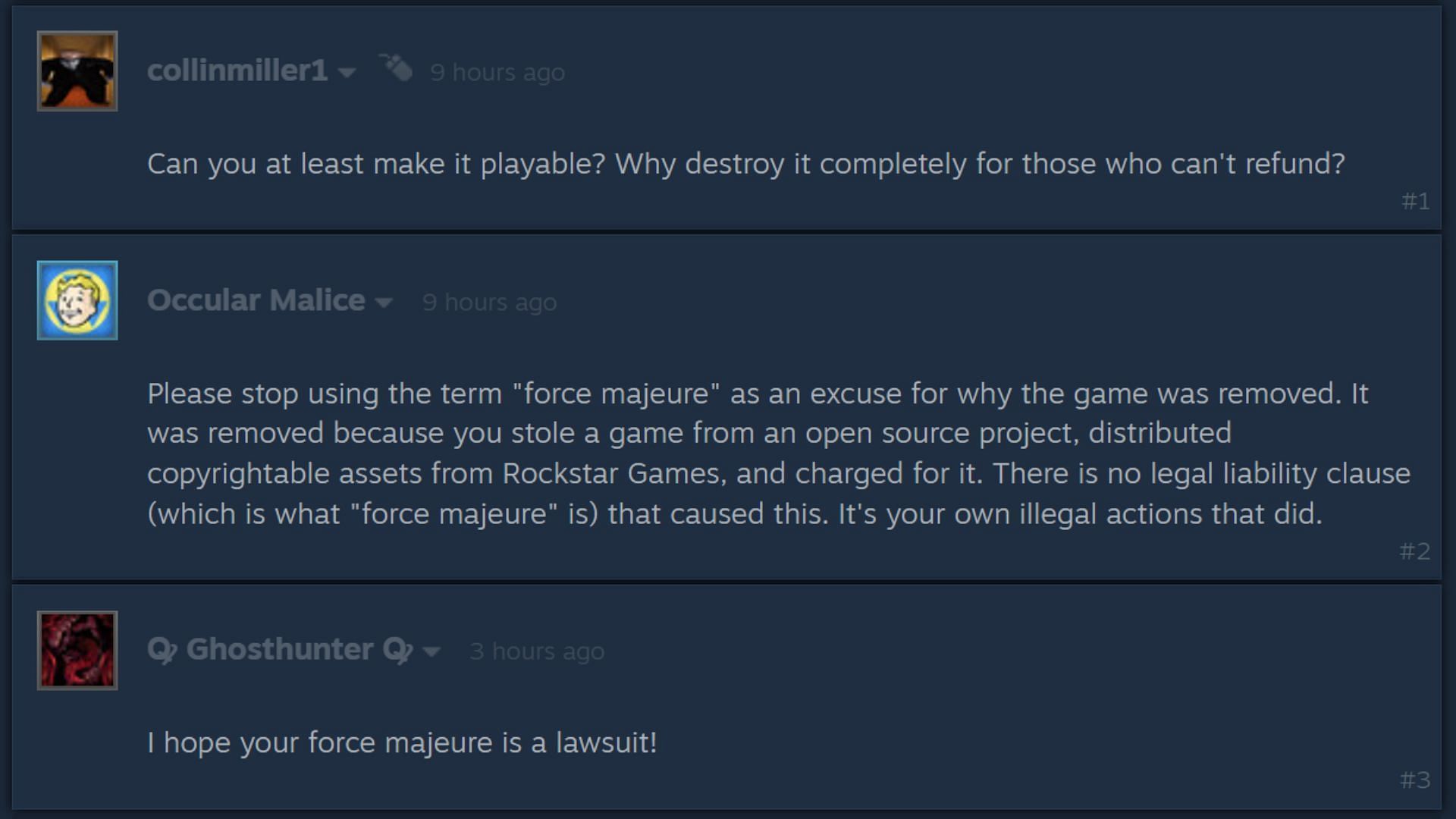 Steam users call out the developers on their bizarre excuse for removing the game (Image via Steam)