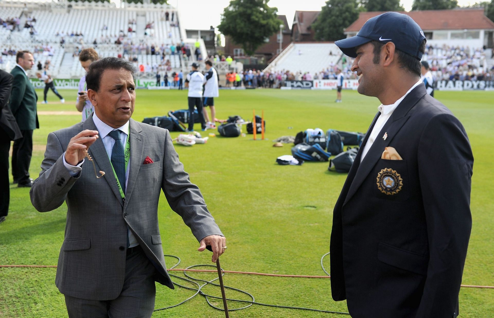 Gavaskar and Dhoni interact before one of India&#039;s Test matches.