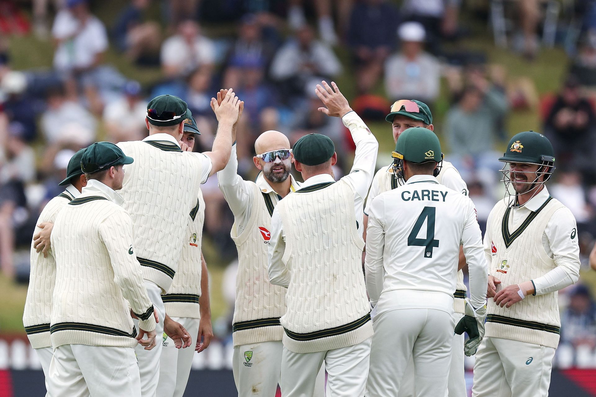 Nathan Lyon celebrates picking a wicket during the first Test.